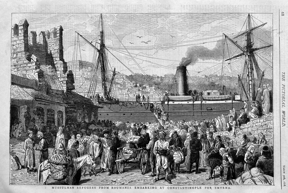 Mussulman Refugees from Romania Embarking at Constantinople for Smyrna.  1878.