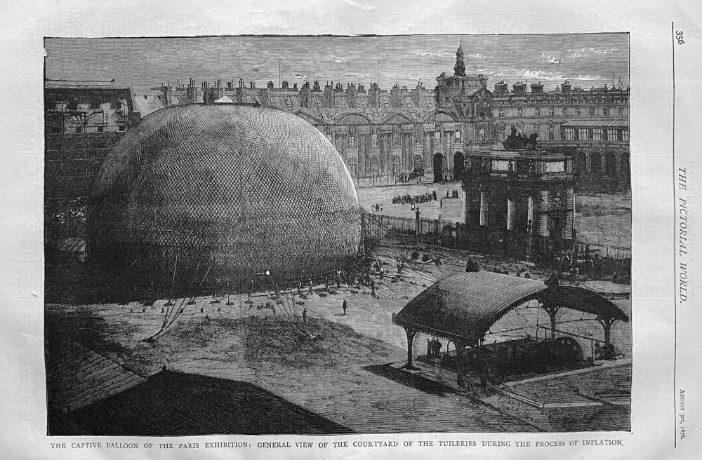 The Captive Balloon of the Paris Exhibition :  General View of the Courtyard of the Tuileries during the Process of Inflation.  1878.