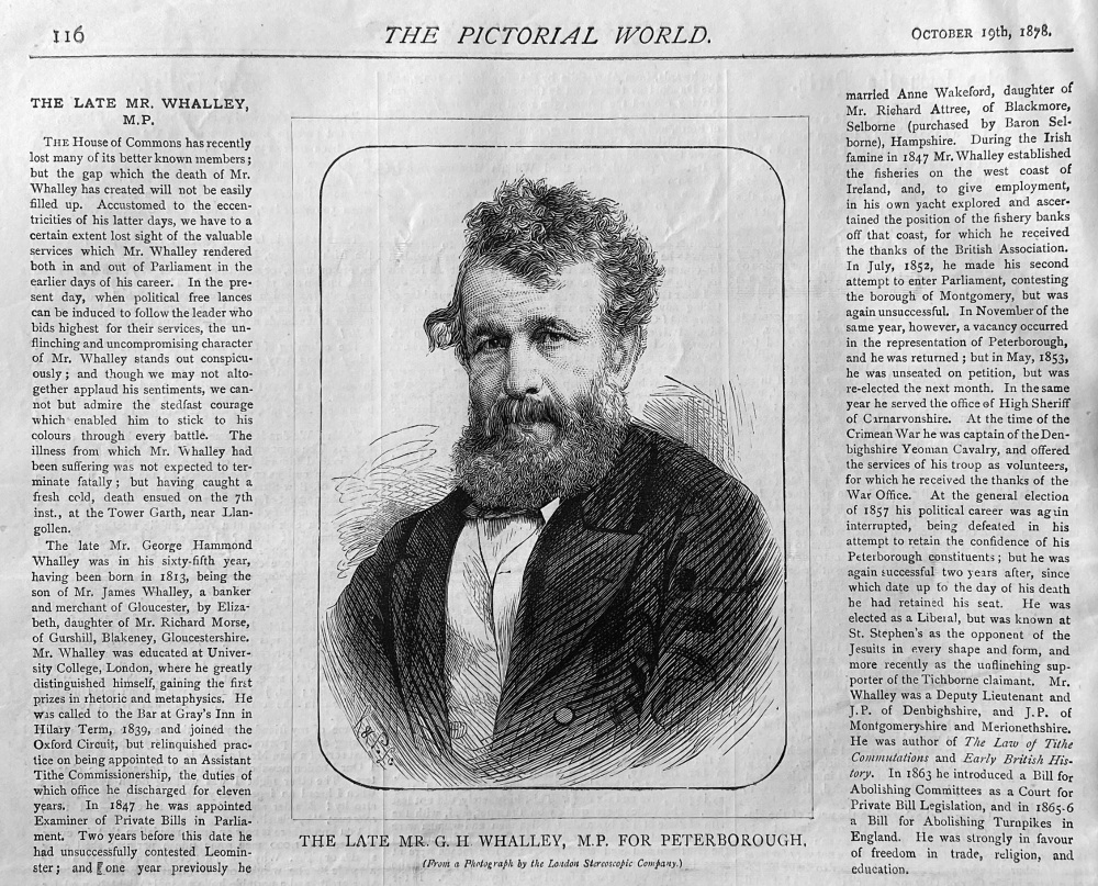 The Late Mr. G. H. Whalley. M.P. for Peterborough.  1878.