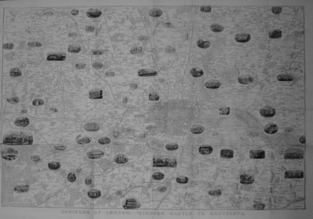 MAP - Environs of London - Windsor Castle to Gravesend - c1857