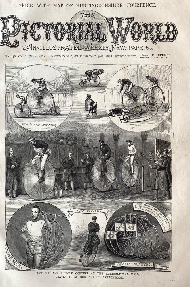 The Six-Days' Bicycle Contest at the Agricultural Hall, Leaves from our Artist's Sketch-Book.  1878.