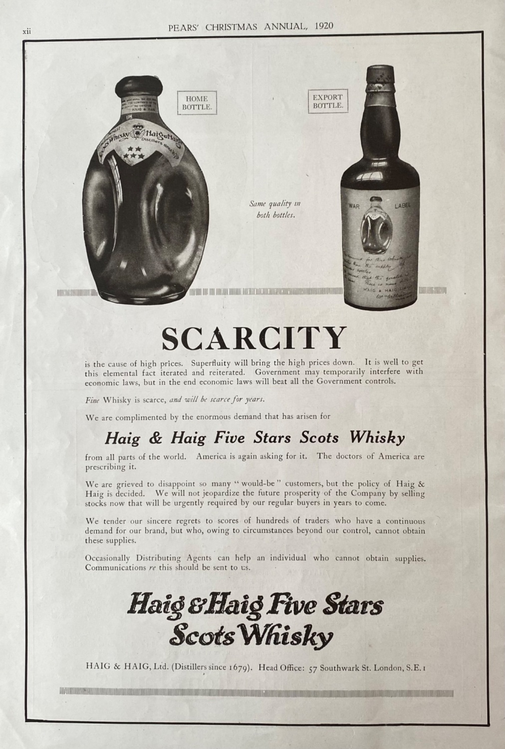 Haig & Haig Five Stars Scots Whisky.  1920.