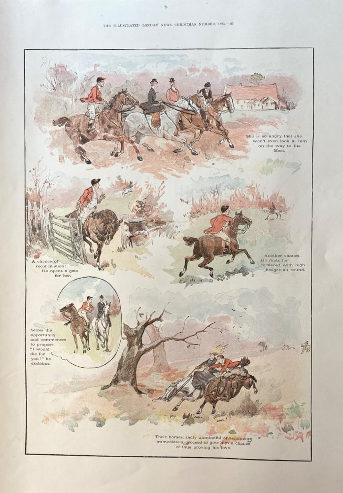 Colour Illustrations by Edward Morant Cox, for a Hunting love affair. 1895. (Christmas Number.)