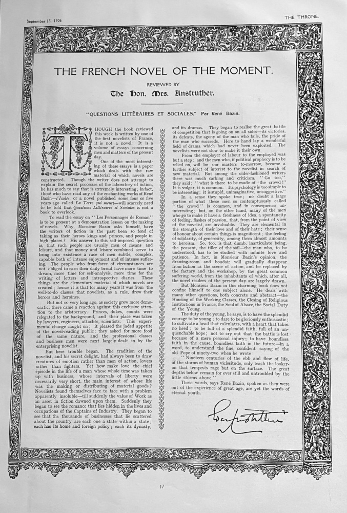 The French Novel of the Moment. :  " Questions Litteraires et Sociales." Par Rene Bazin.  1906.