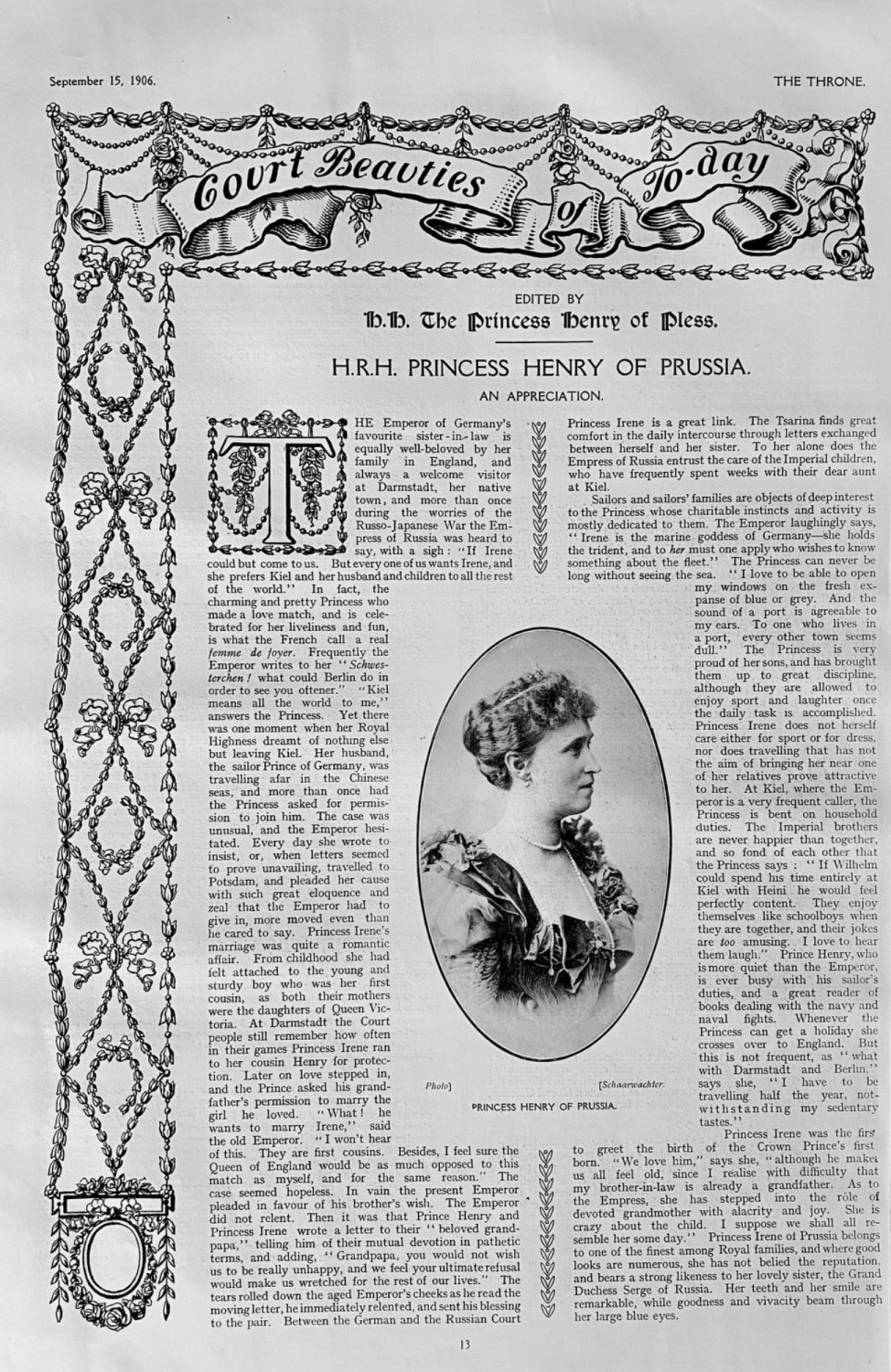 Court Beauties of To-day. :  H.R.H. Princess Henry of Prussia.  1906.