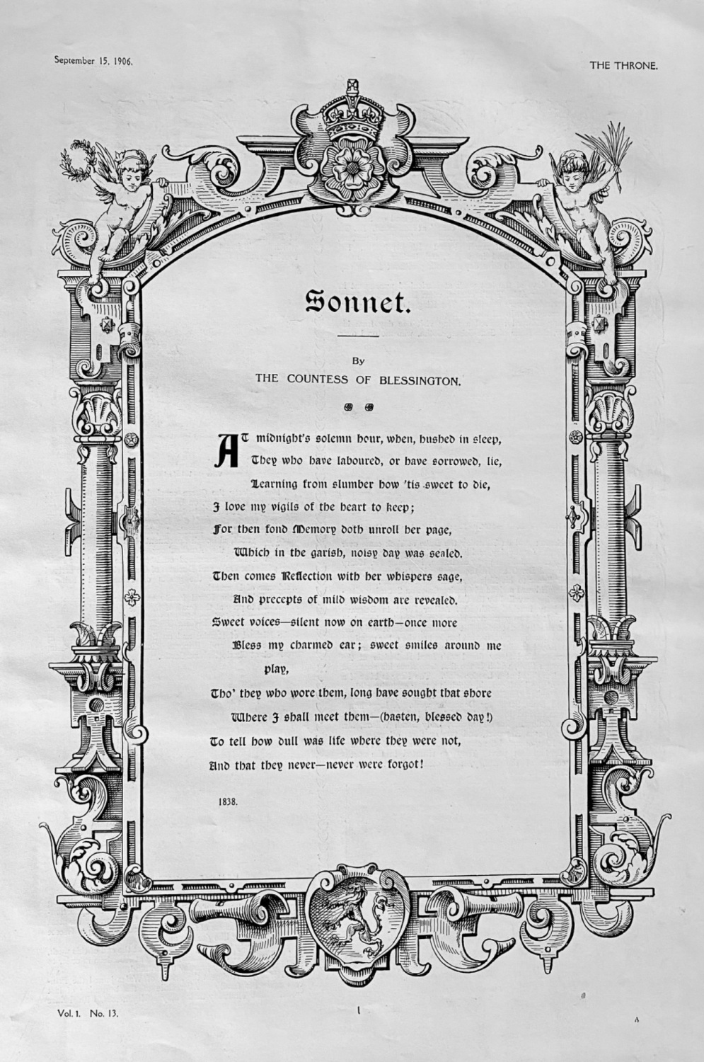 Sonnet.  By The Countess of Blessington.  1906.