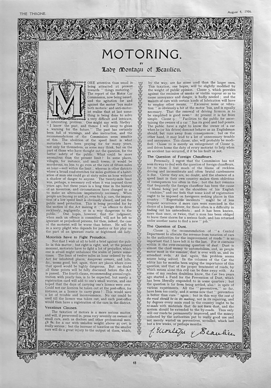 Motoring. By Lady Montagu of Beaulieu.  August 4th, 1906.