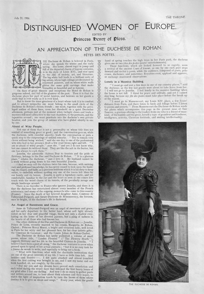 Distinguished Women of Europe : An Appreciation of the Duchess De Rohan.  1906.