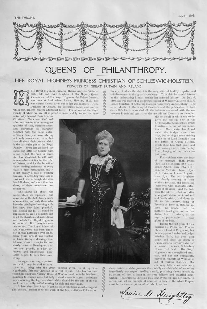 Queens of Philanthropy. : Her Royal Highness Princess Christian of Schleswig-Holstein, Princess of Great Britain and Ireland.  1906.