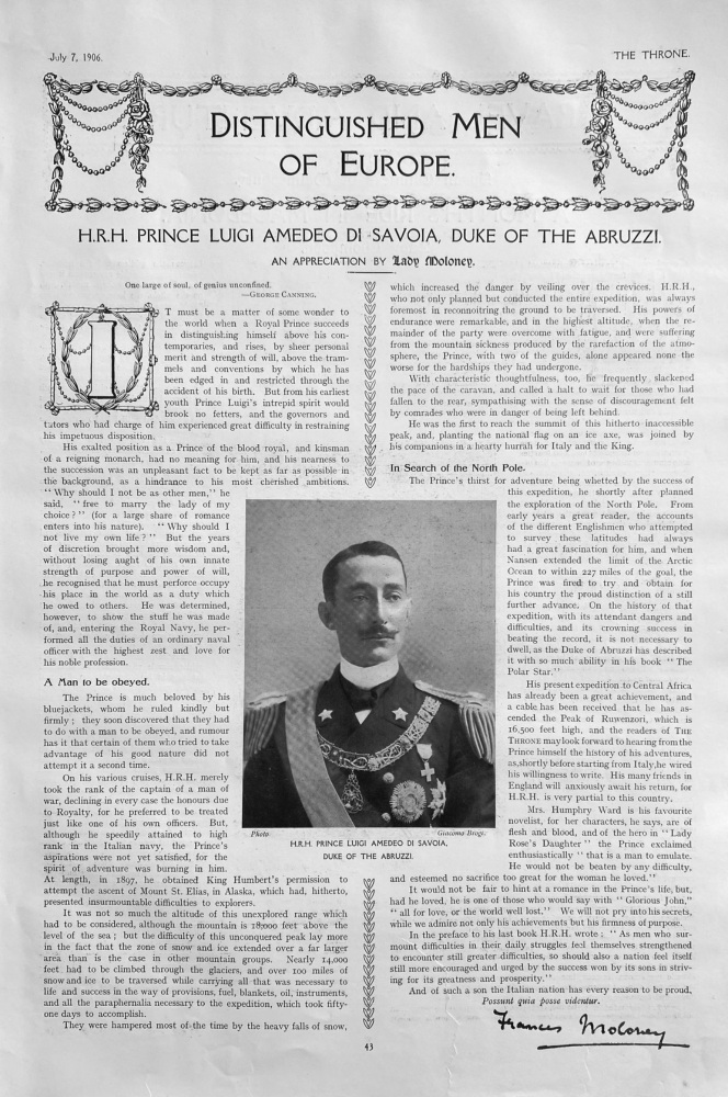 Distinguished Men of Europe.  H.R.H. Prince Luigi Amedeo Di Savoia, Duke of the Abruzzi.  1906.