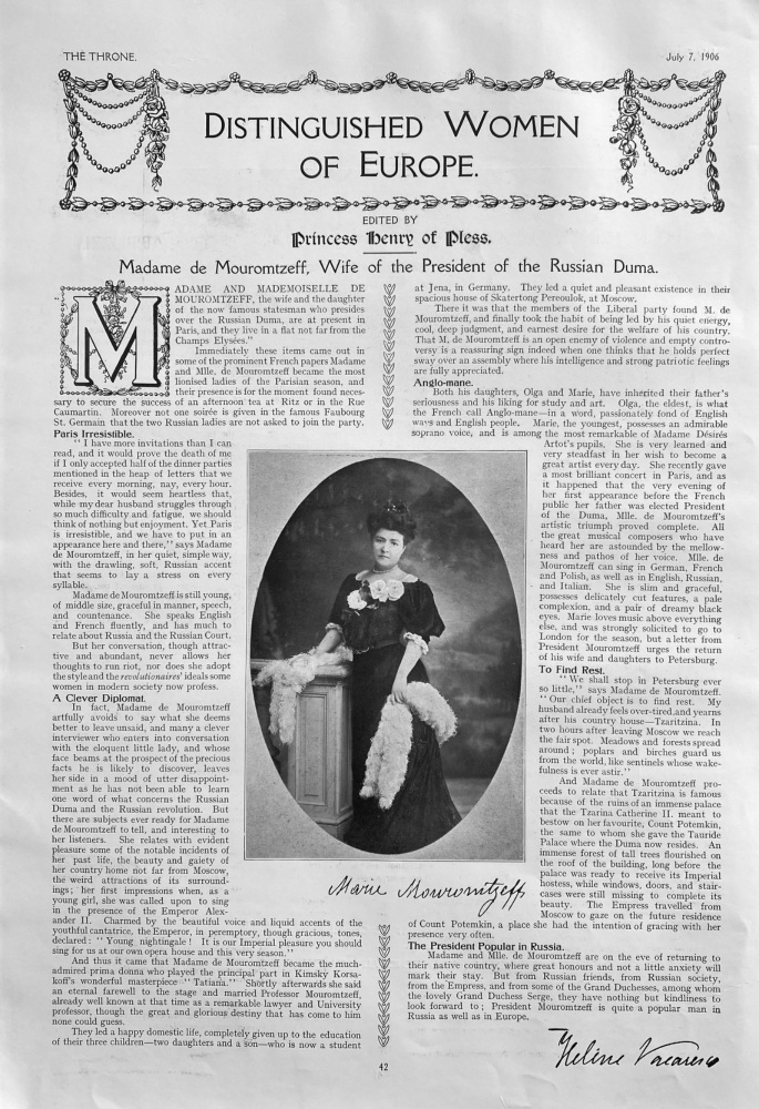 Distinguished Women of Europe. :  Madame de Mouromtzeff, Wife of the President of the Russian Duma.  1906.