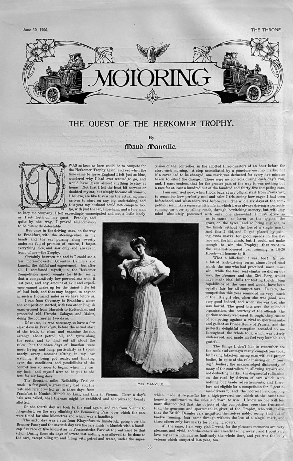 Motoring. : The Quest for the Herkomer Trophy.  1906.