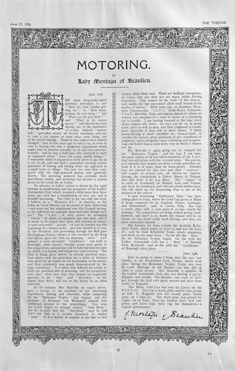Motoring. :  By Lady Montagu of Beaulieu.  June 23rd, 1906.