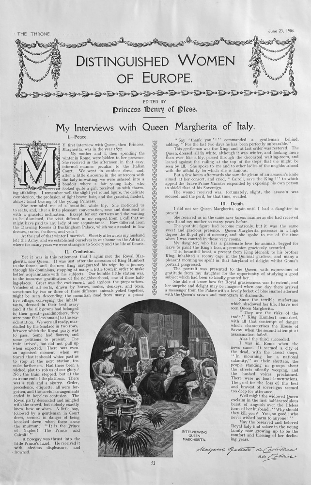Distinguished Women of Europe. :  Interview with Queen Margherita of Italy.  1906.