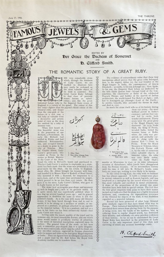 Famous Jewels & Gems. :  The Romantic Story of a Great Jewel.  (The Great Carew Ruby.)  1906.
