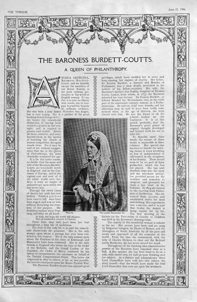 The Baroness Burdett-Coutts. :  A Queen of Philanthropy.  1906.