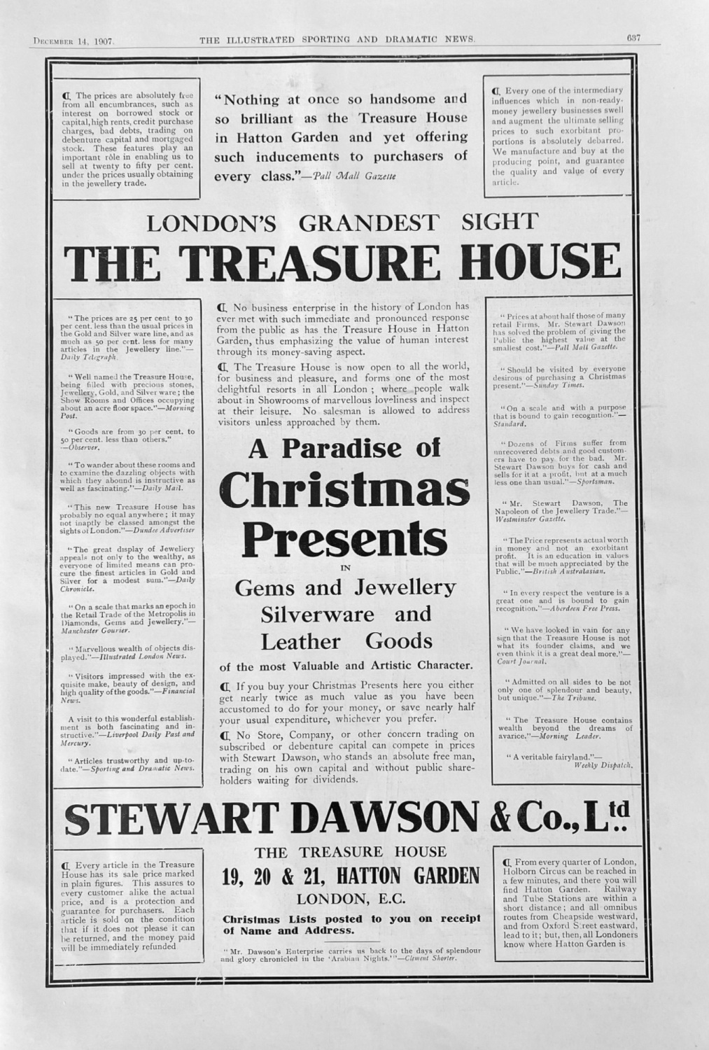 Stewart Dawson & Co. Ltd.  the Treasury House,  Hatton Garden.  London E.C.