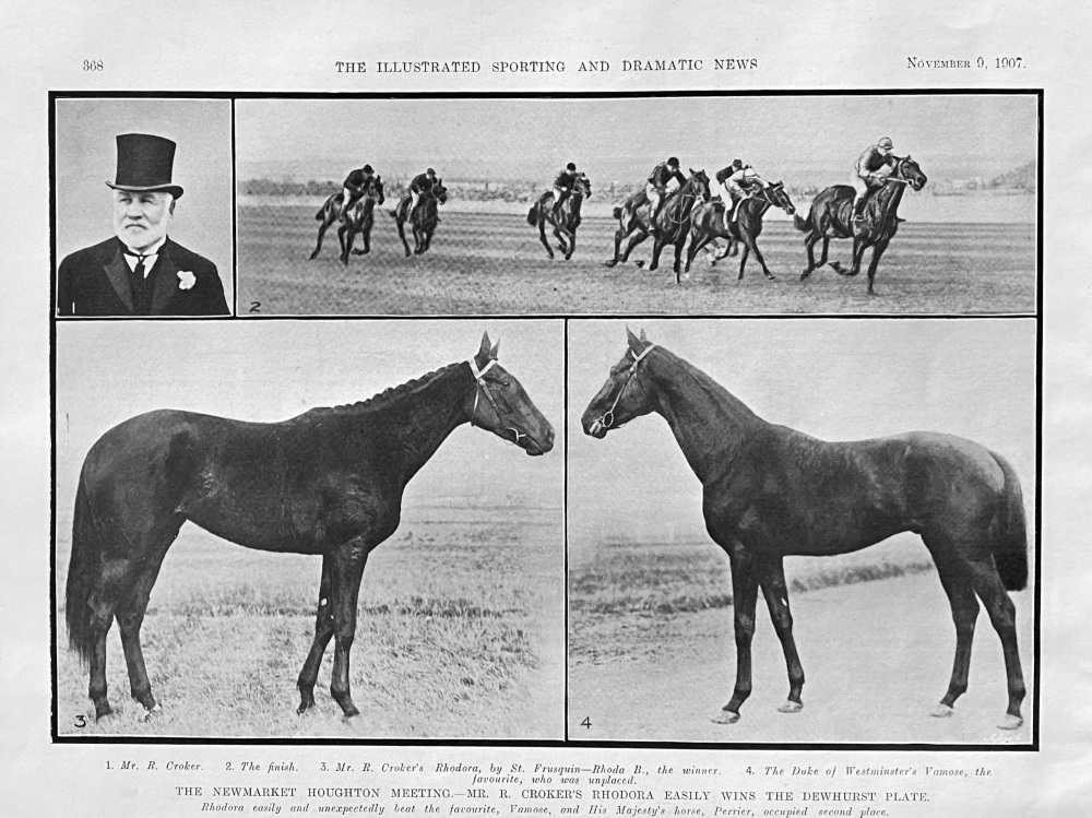 The Newmarket Houghton Meeting.- Mr. R. Croker's Rhodora easily wins the Dewhurst Plate.  1907.