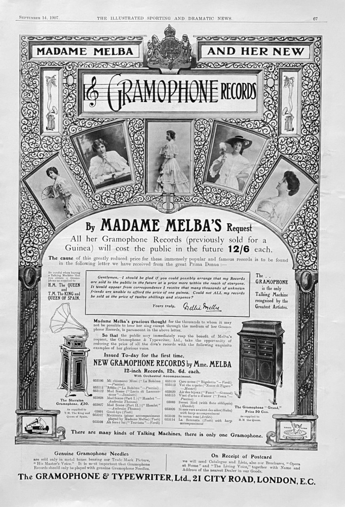 Madame Melba and Her new Gramophone Records.  1907.