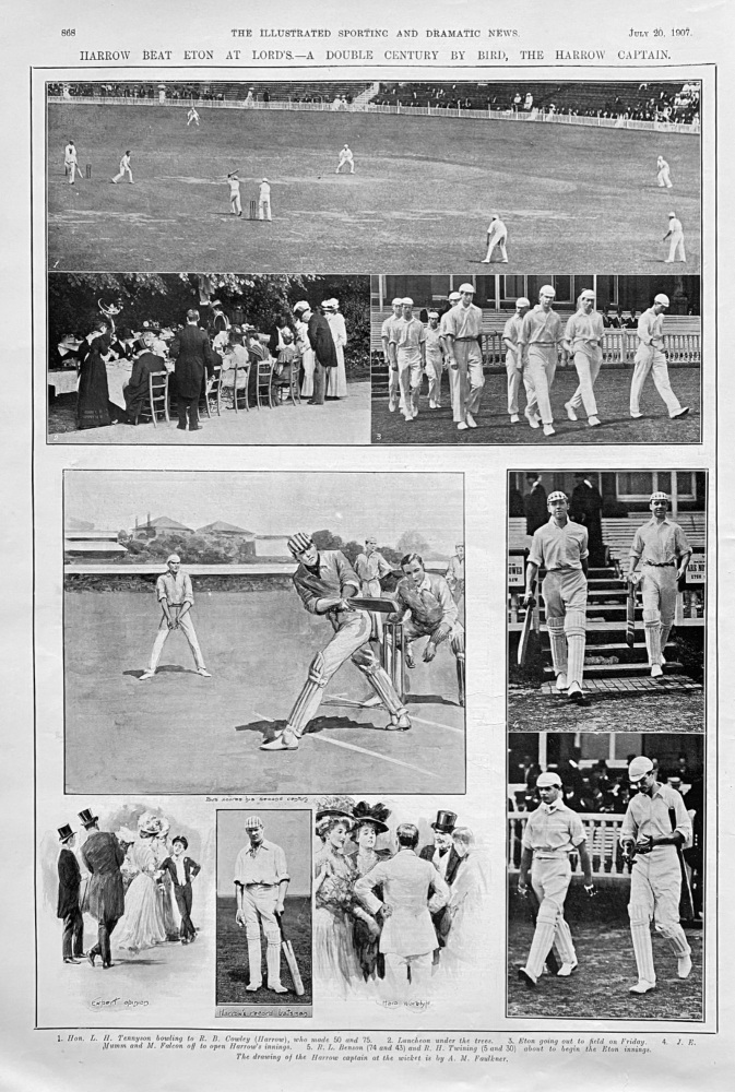 Harrow Beat Eton at Lord's.- A Double Century by Bird, the Harrow Captain.  (Cricket)  1907.