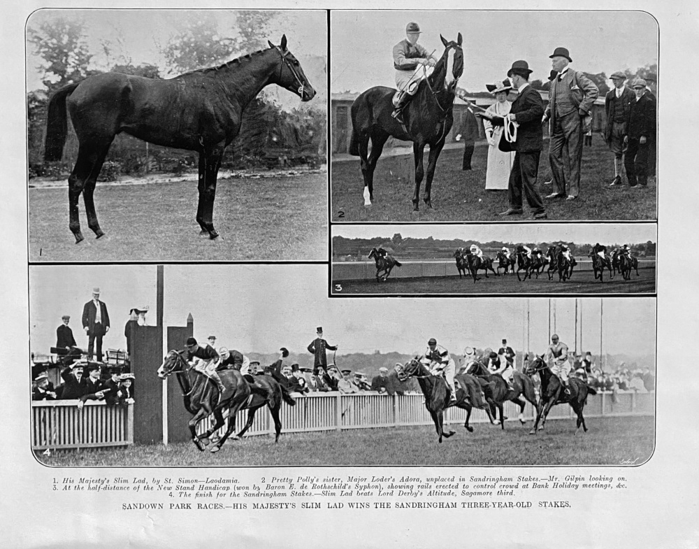Sandown Park Races.- His Majesty's Slim Lad wins the Sandringham Three-year-old Stakes.  1907.
