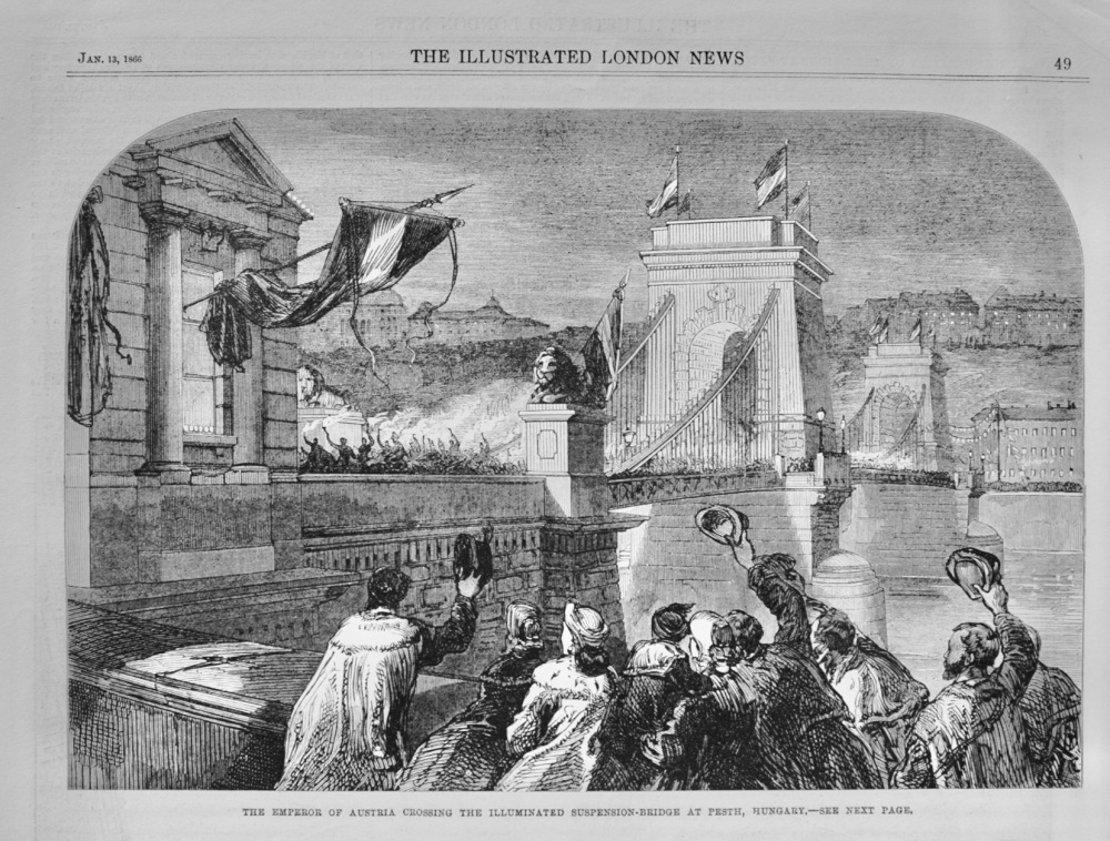 The Illuminated Suspension Bridge at Pesth - 1866