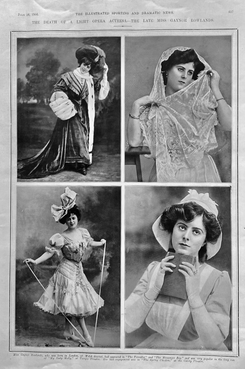 The Death of a Light Opera Actress.- The Late Miss Gaynor Rowlands.  1906.