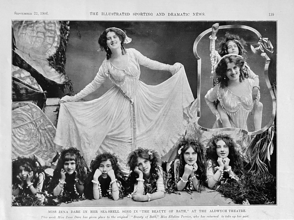 Miss Zena Dare in her Sea-Shell Song in "The Beauty of Bath," at the Aldwych Theatre.  1906.