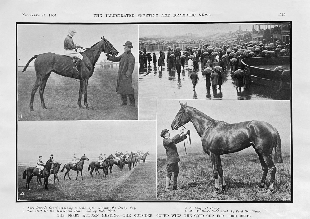 The Derby Autumn Meeting.- The Outsider Gourd wins the Gold Cup for Lord Derby.  1906.