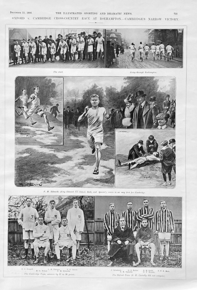 Oxford v. Cambridge  Cross-Country  Race at Roehampton.- Cambridge's Narrow Victory.  1906.
