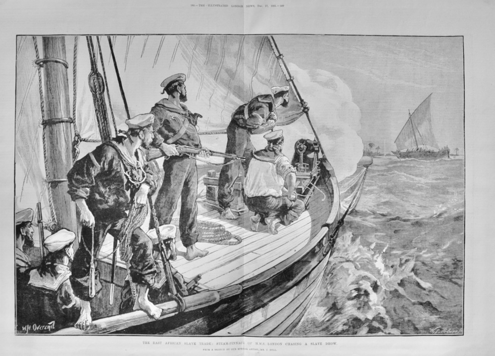Steam Pinnace of H.M.S. London chasing a Slave Dow - 1881
