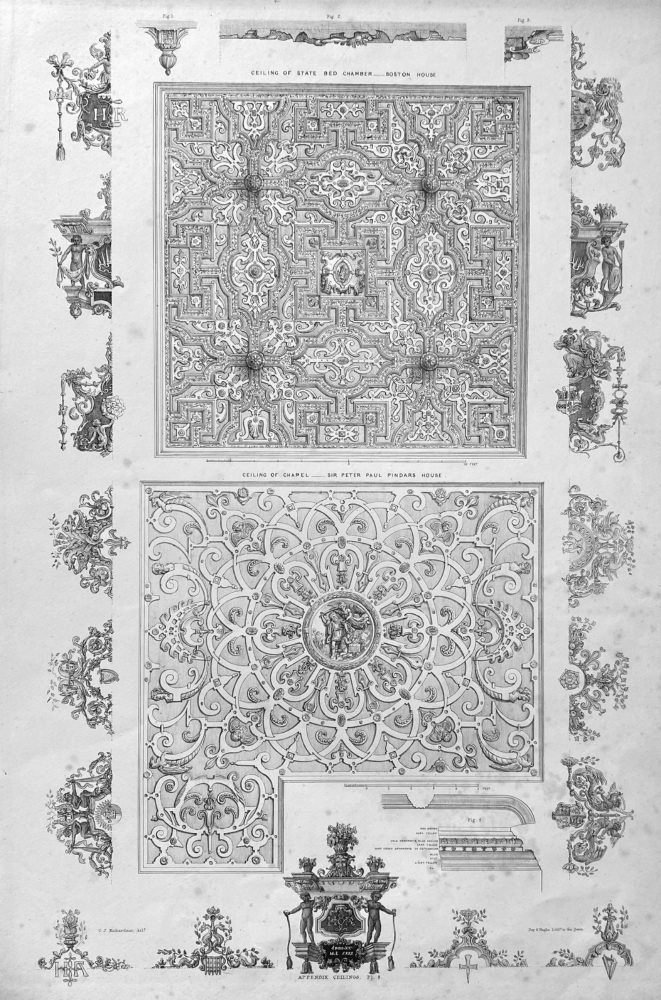 Ceiling of State Bed Chamber___Boston House.  &  Ceiling of Chapel___Sir Peter Paul Pindar's House.  1840c.