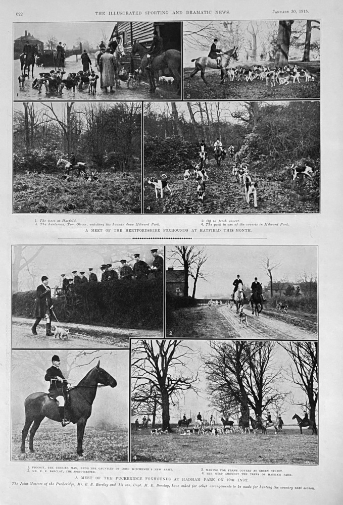 A Meet of the Hertfordshire Foxhounds at Hatfield this Month.  1915.