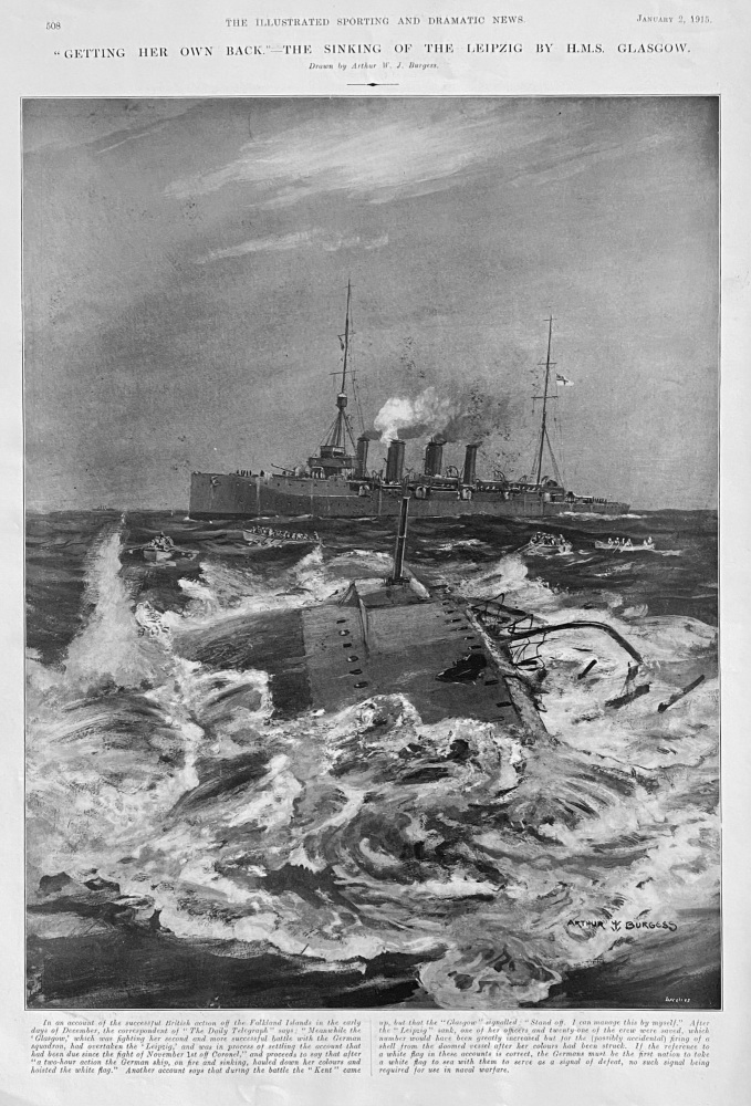 "Getting Her Own Back."- The Sinking of the Leipzig by H.M.S. Glasgow.  1915.