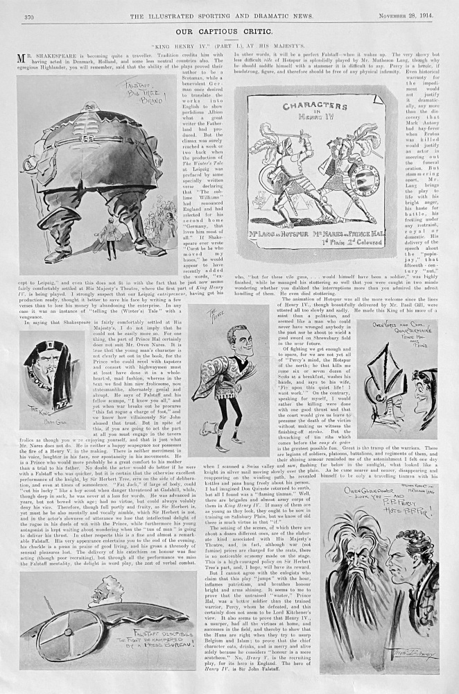 Our Captious Critic.  "King Henry IV."  (Part 1.)  At His Majesty's.  1914.