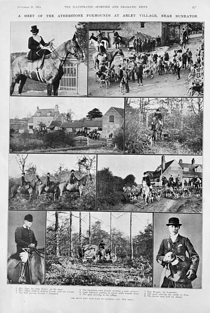 A Meet of the Atherstone Foxhounds at Arley Village, near Nuneaton.  1914.