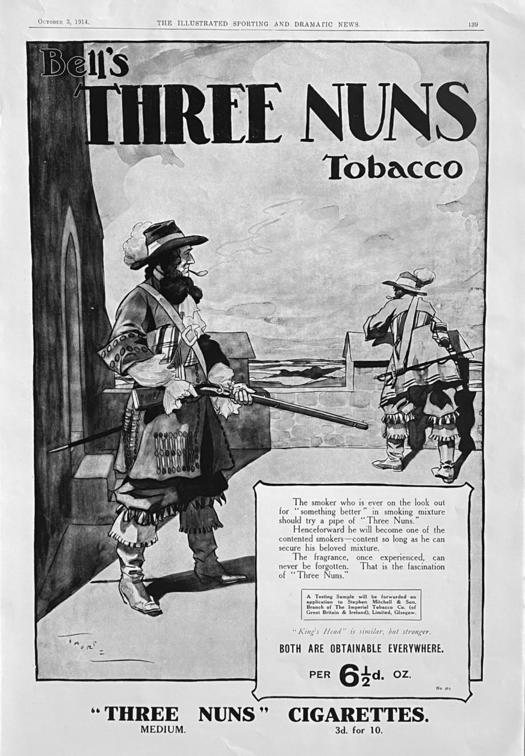 Bell's Three Nuns Tobacco.  1914.
