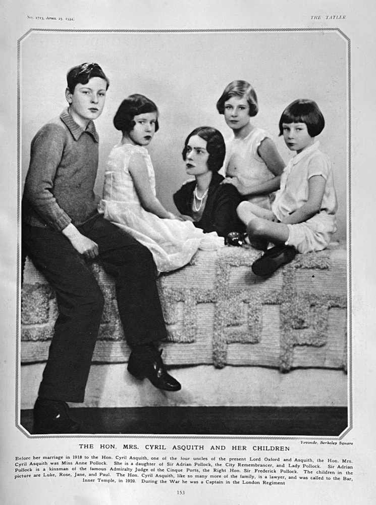 The Hon. Mrs. Cyril Asquith and her Children.  1934.