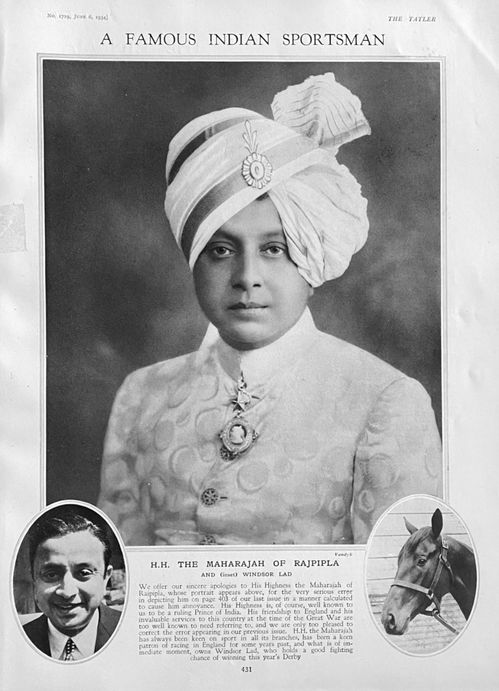 A Famous Indian Sportsman :  H.H.  The Maharajah of Rajpipla."  1934.