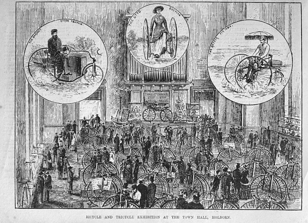 Bicycle and Tricycle Exhibition at the Town Hall, Holborn.  1881.