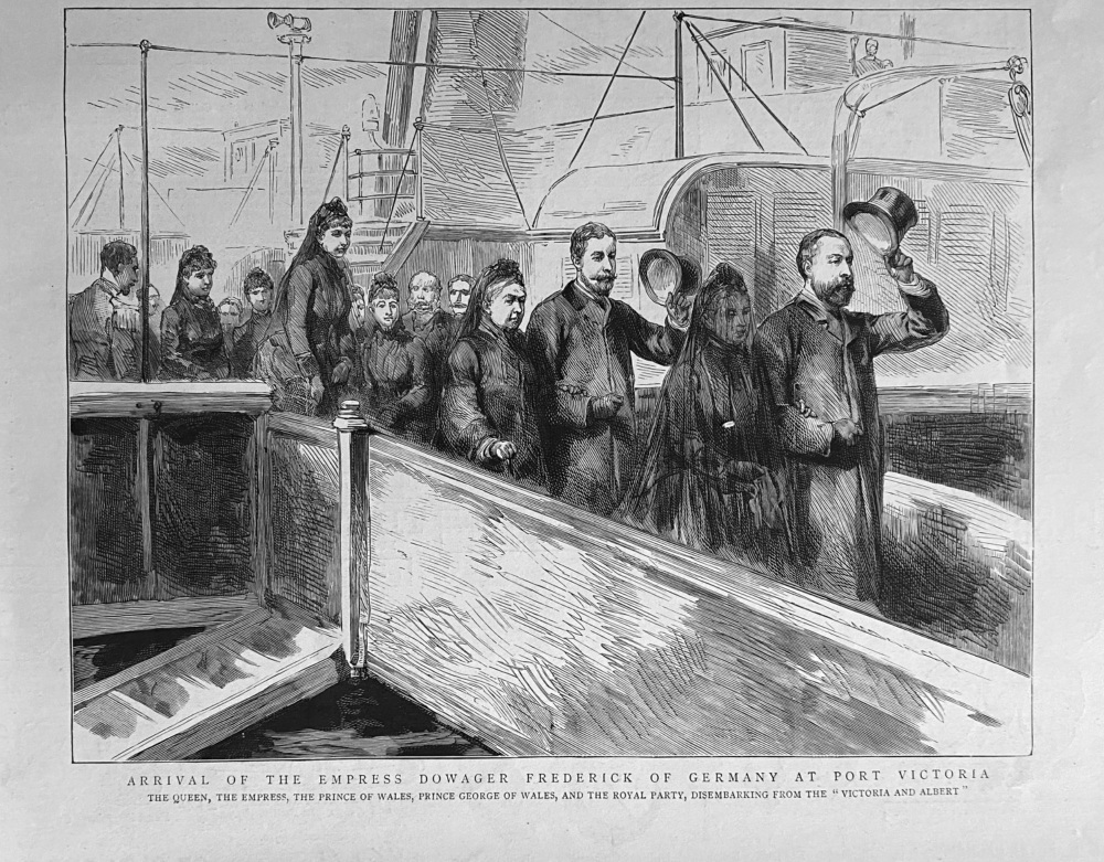 Arrival of the Empress Dowager Frederick of Germany at Port Victoria.  1888.
