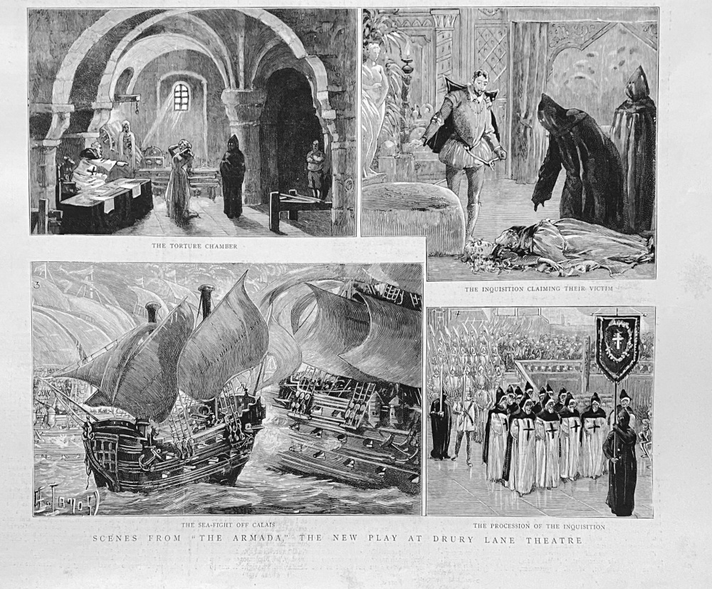 Scenes from "The Armada,'" the new play at Drury Lane Theatre.  1888.