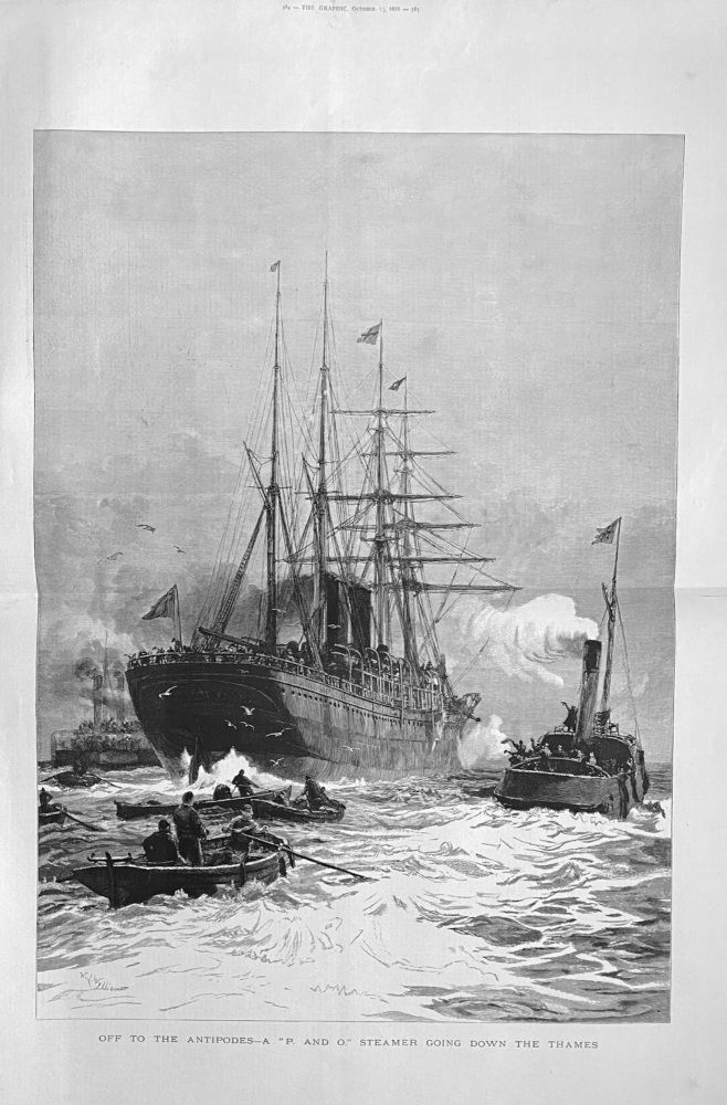 Off to the Antipodes- A  "P. and  O." Steamer going down the Thames.  1888.