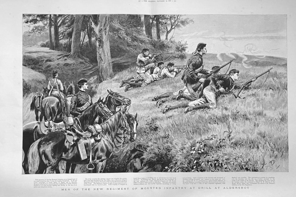 Men of the New Regiment of Mounted Infantry at Drill at Aldershot.  1888.