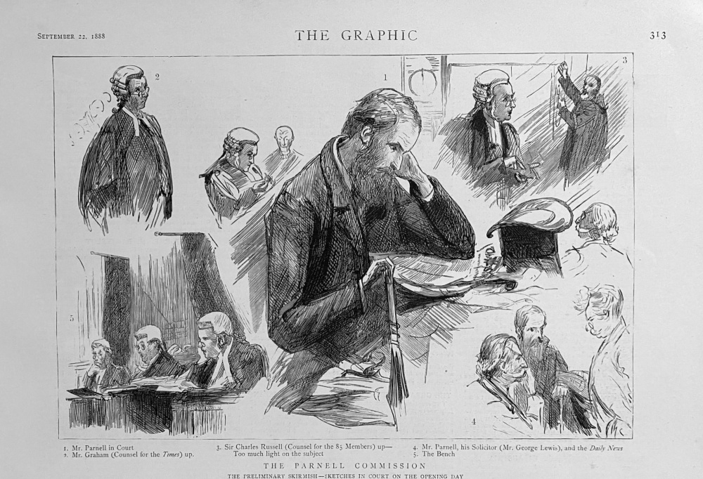 The Parnell Commission   :   The Preliminary skirmish, -Sketches in Court on the Opening Day.  1888.