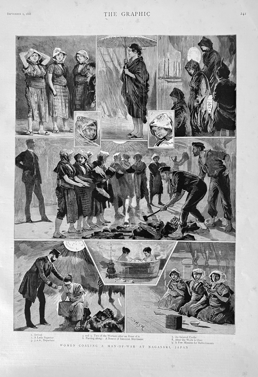 Women Coaling a Man-of-War at Nagasaki,  Japan.  1888.