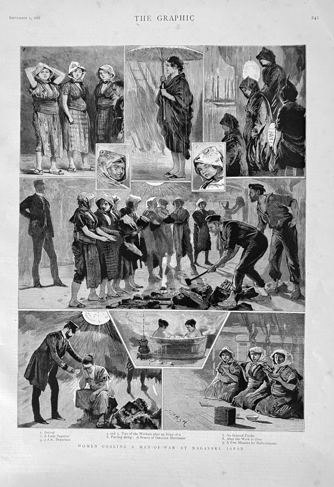 Women Coaling a Man-of-War at Nagasaki,  Japan.  1888.