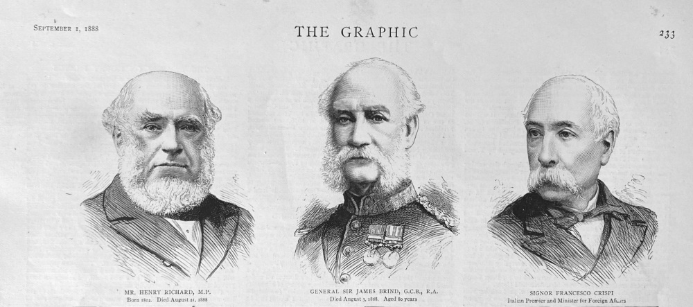 Mr. Henry Richard, M.P.  &   General Sir James Brind G.C.B.,  R.A.   &   Signor Francesco Crispi.  1888.