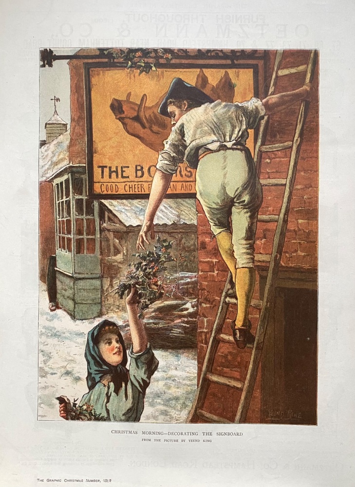 Christmas Morning- Decorating the Signboard.  1882.