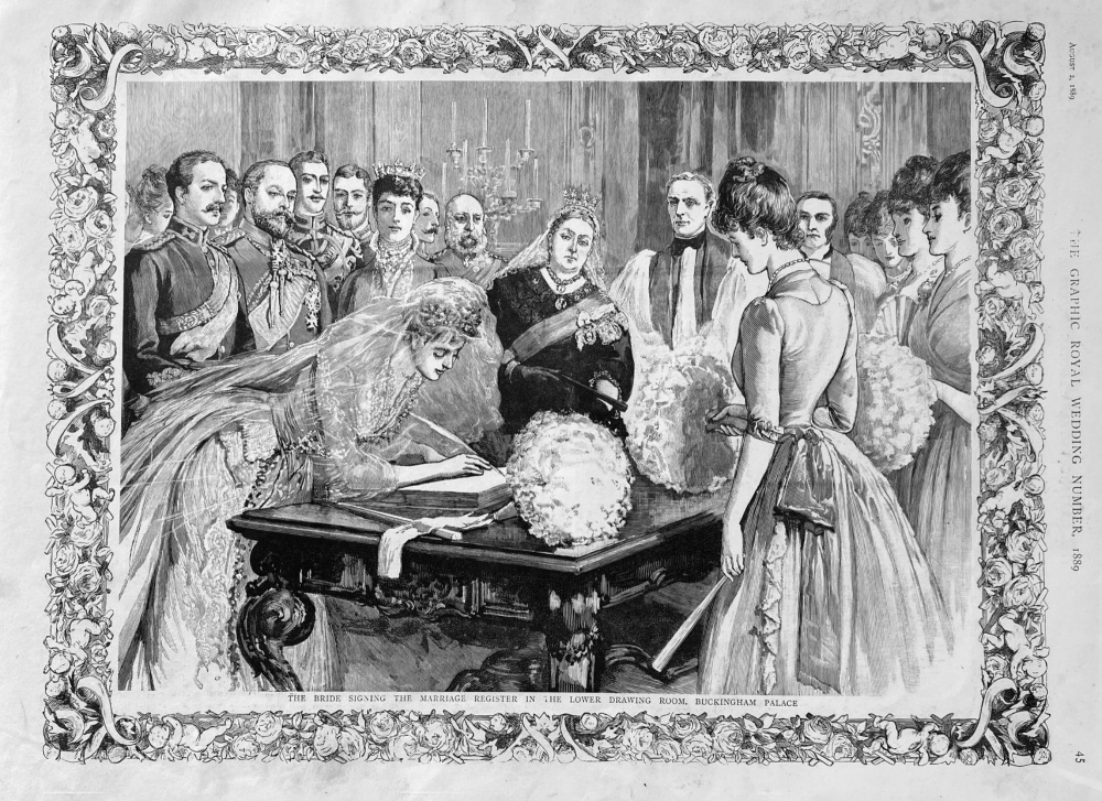 The Bride Signing the Marriage Register in the Lower Drawing Room,  Buckingham Palace.  1889.